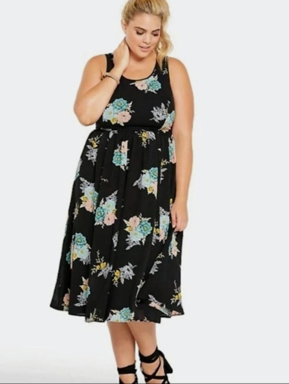Torrid Georgette Midi Dress Black Floral Print, Fit & Flare, Size 24, EUC